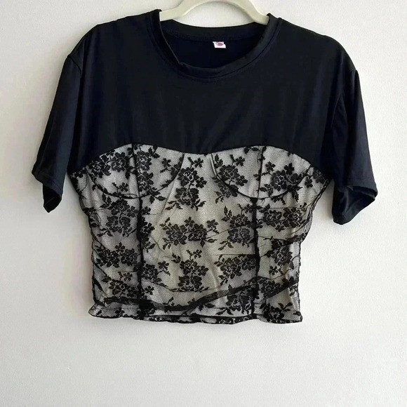 Black Lace Sweetheart Ruched Top, Women’s Floral Lace Overlay Blouse, Size Small - Picture 2 of 15